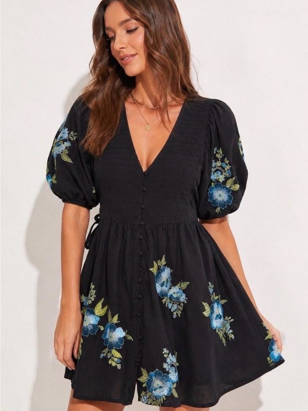 ASOS DESIGN Black Floral Dress with Puffed Sleeves